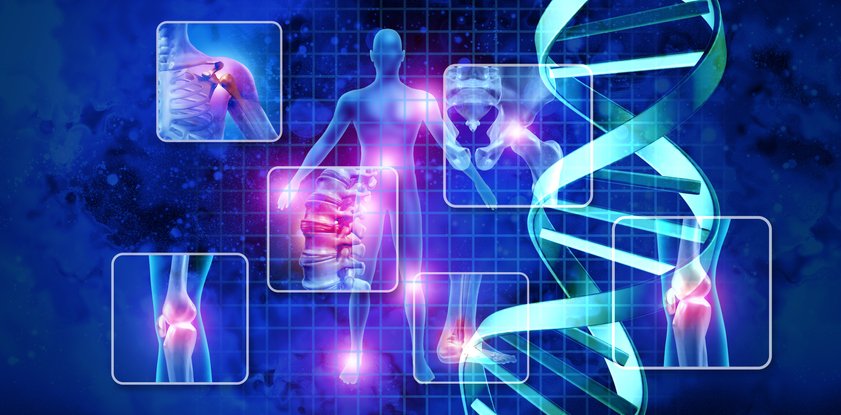 Medical science concept and Stem cell therapy or DNA genetic treatment for painful joints and gene therapy with 3D illustration elements.