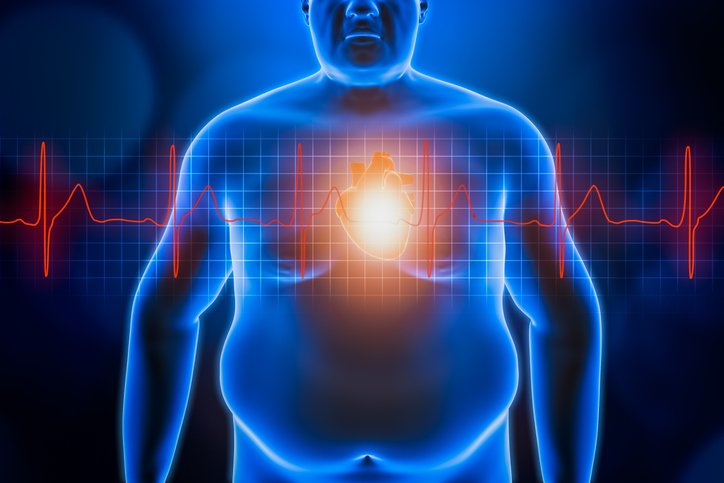 Fat or obese man chest body with heart and red ekg heartbeat curve. Blue futuristic hologram 3d rendering illustration. Obesity, healthcare, medical, wellness, heart disease concepts.